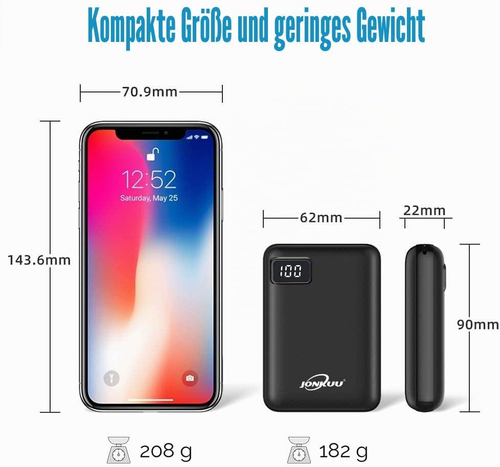 JONKUU Powerbank 10000mAh Externer Akku Klein 2 USB Port Power Pack Kompakt Handy Mini Tragbares Lad