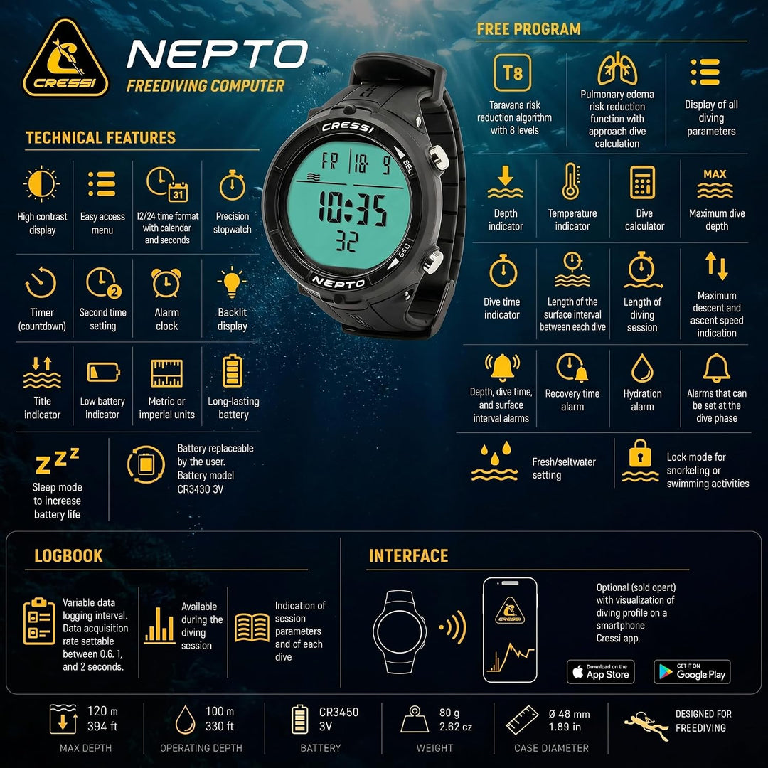 Cressi Nepto Watch Computer - Freitaucheruhr_Computer, Einheitsgrösse, Unisex Erwachsene Schwarz, Sc