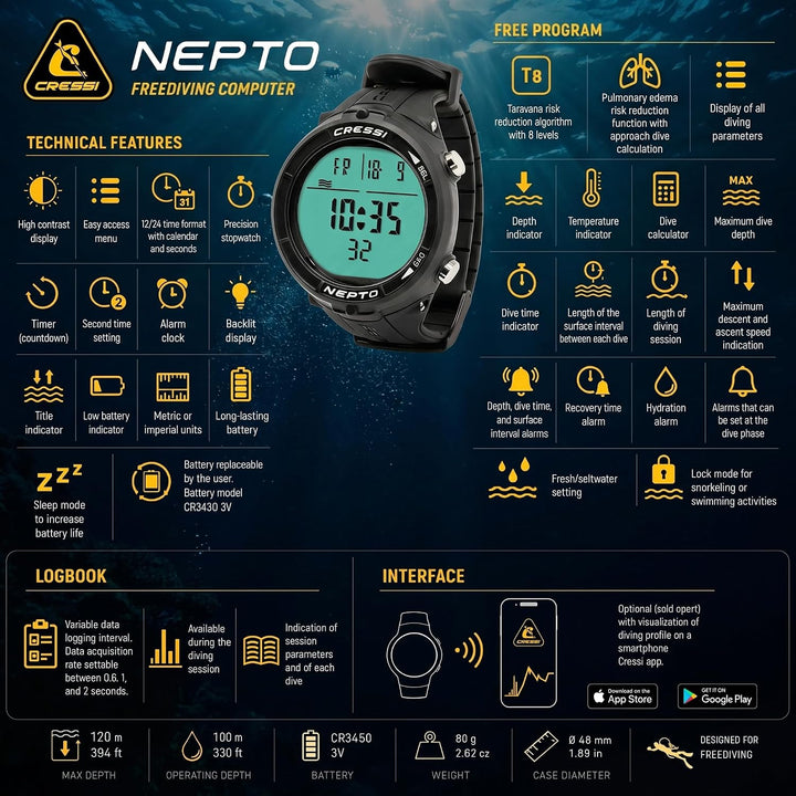 Cressi Nepto Watch Computer - Freitaucheruhr_Computer, Einheitsgrösse, Unisex Erwachsene Schwarz, Sc