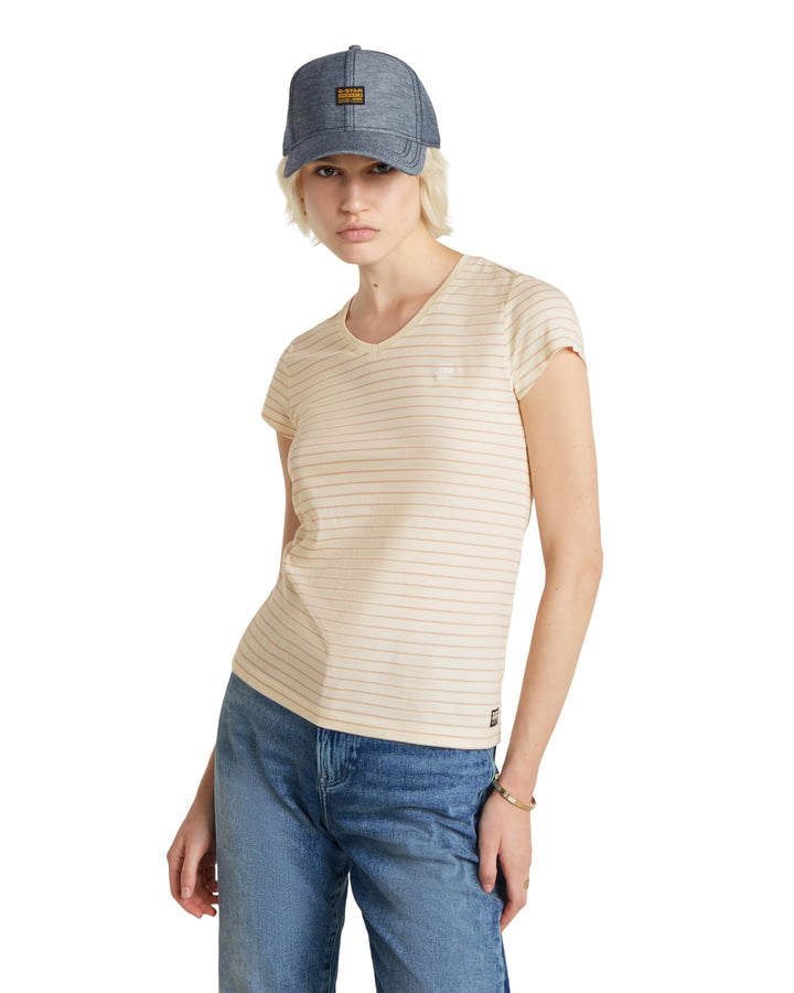 G-STAR RAW Damen Eyben Slim V-Neck Top 2.0 T-Shirt XS Mehrfarben (Antique White/Rugby Tan Stripe D24