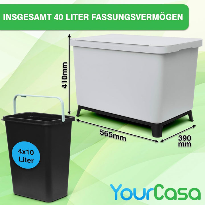 YourCasa Mülleimer Küche 4 Fächer [40L] im exklusiven Design - Mülltrennsystem mit Deckel und Fuss -