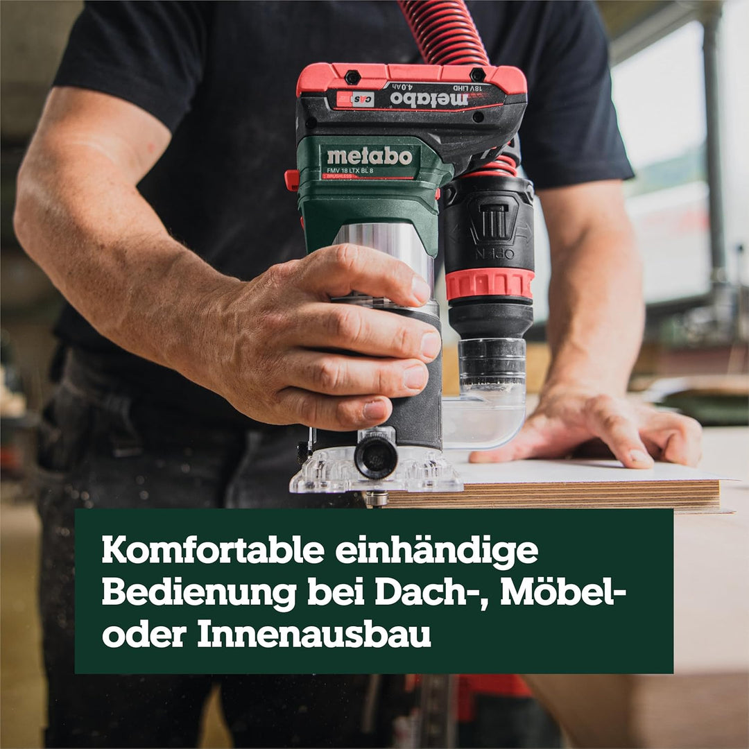 metabo Akku-Kantenfräse FMV 18 LTX BL 8-18V, Brushless-Motor, 4800-29000 U/min, 6/8 mm Spannzange, m