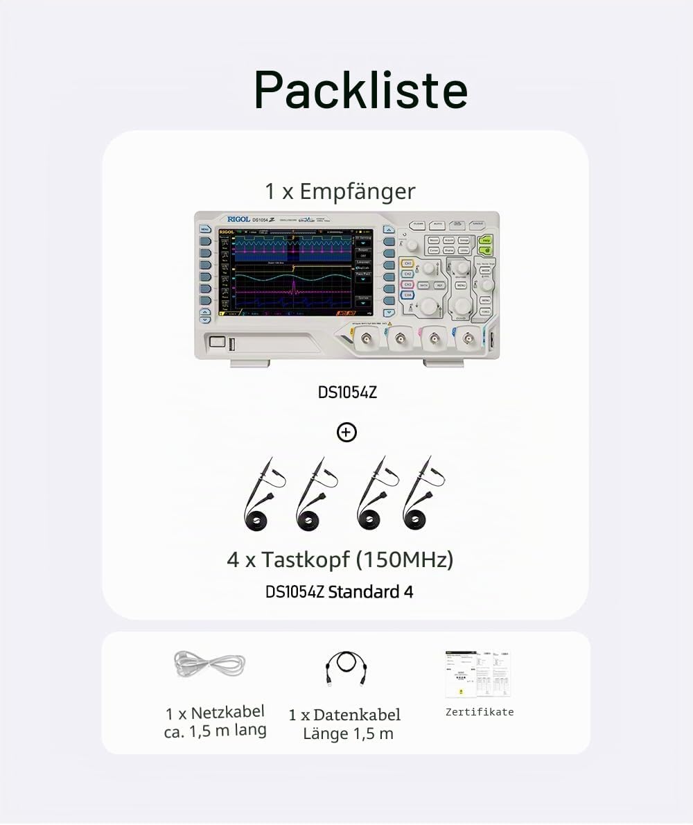 RIGOL DS1054Z Digitales Oszilloskop, 50MHz Bandbreite, 4 Analogkanäle, 24Mpts Speichertiefe, 1G Sa/s