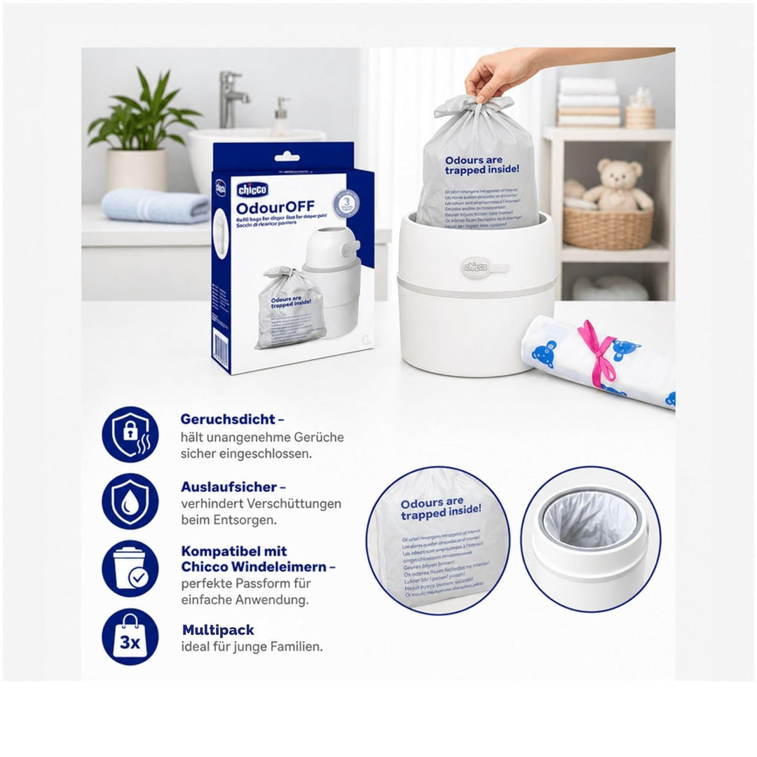 Chicco Windeleimer Nachfüllpack & Windel Blaubaer | geruchsdichte & auslaufsichere Beutel | Für saub