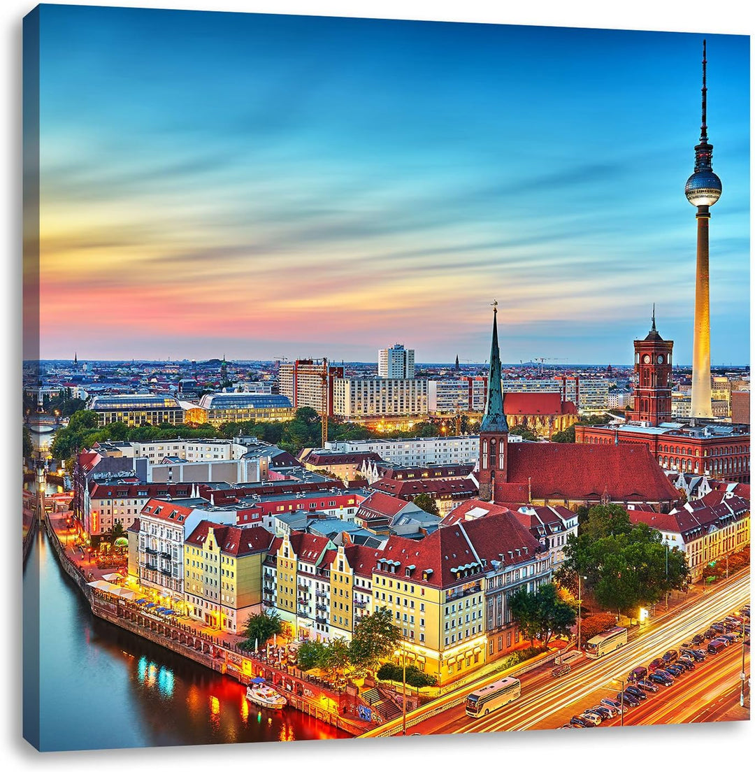 Berlin City Panorama, Format: 70x70 auf Leinwand, XXL riesige Bilder fertig gerahmt mit Keilrahmen,