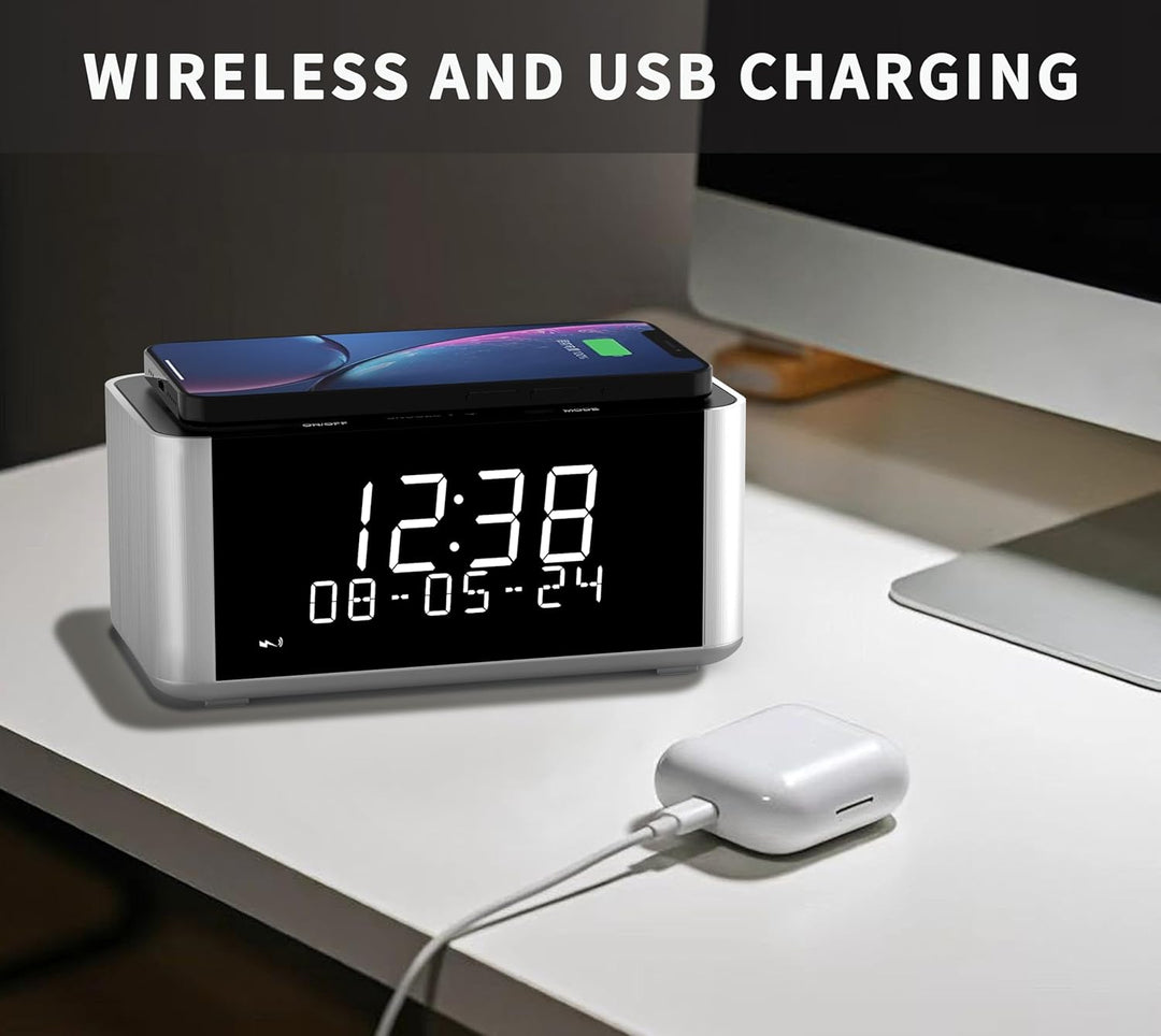 Wireless Charging Wecker mit DAB, DAB+/FM Radio, 40 Preset Stationen, Dual Alarms, Snooze, Dimmbare