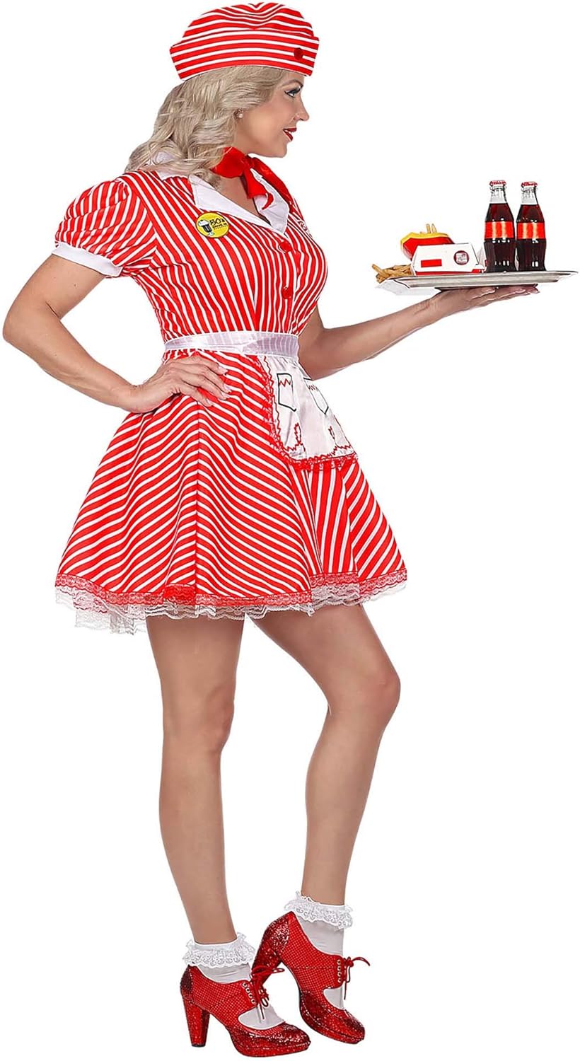 "50s WAITRESS" (dress with petticoat, apron, pin, neckscarf, headpiece) - (M), M