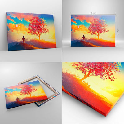 Bilder auf Leinwand Baum Wiese Feld Leinwandbild mit Rahmen 70x50cm Wandbilder Dekoration Wohnzimmer