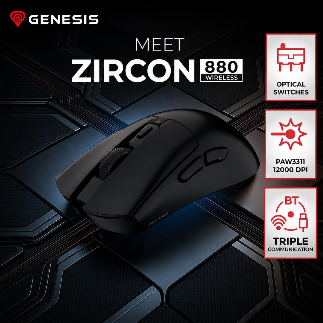 Genesis Zircon 880 Wireless Gaming Maus, 12000 DPI, 1000 Hz, Schwarz | Kabellose E-Sport Maus mit PA