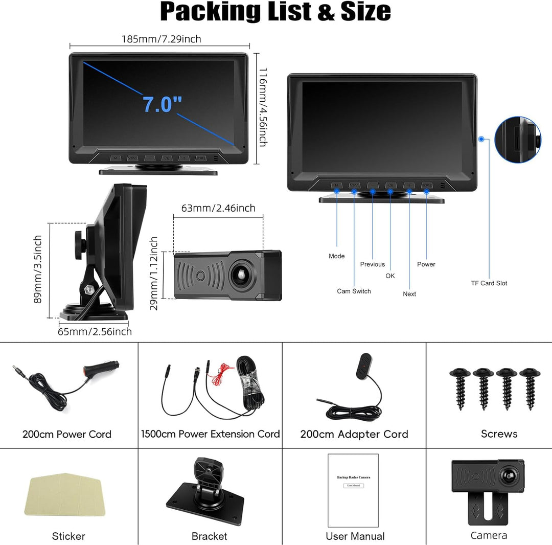 CAMECHO Radar Rückfahrkamera mit 7 Zoll Monitor 12V, IP68 wasserdichte Nachtsicht Weitwinkel Auto Ka