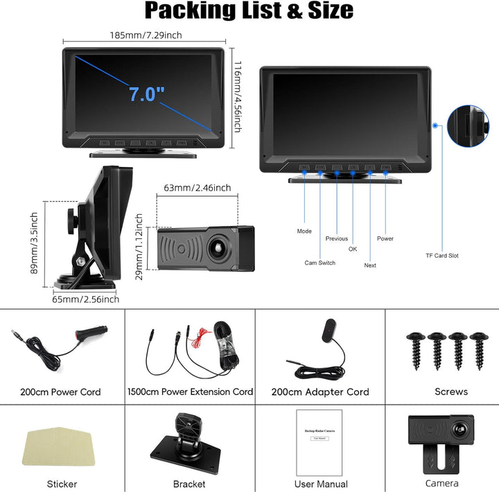 CAMECHO Radar Rückfahrkamera mit 7 Zoll Monitor 12V, IP68 wasserdichte Nachtsicht Weitwinkel Auto Ka