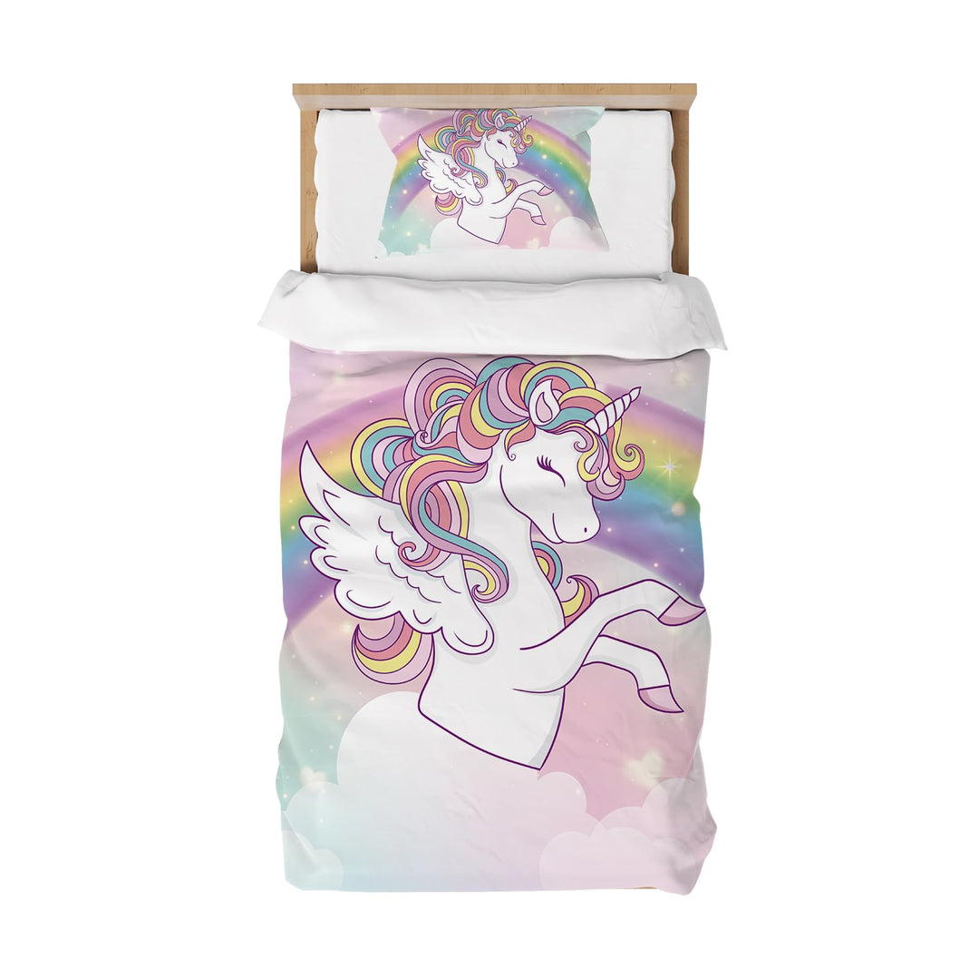 Bettbezug 90 x 190 cm, für Kinder, Mädchen, Bettwäsche für Einzelbett, Rosa, Regenbogen, Einhorn – M
