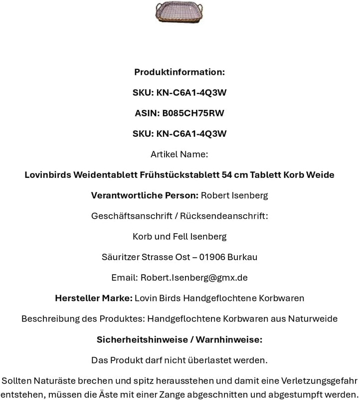Weidentablett Frühstückstablett Serviertablett 54 cm Tablett Korb Weide