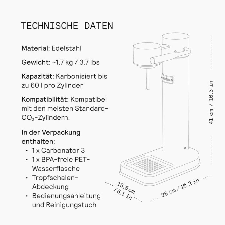 Aarke Carbonator 3, Wassersprudler aus Edelstahl mit 2 x BPA-frei Flaschen, Edelstahl Finish Edelsta