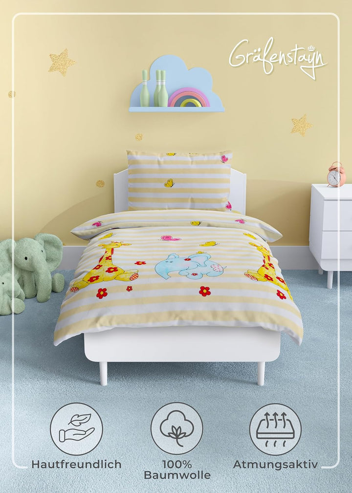 Gräfenstayn® 2-tlg. Kinderbettwäsche Set mit Tiermotiv und integriertem Reissverschluss - aus 100% B
