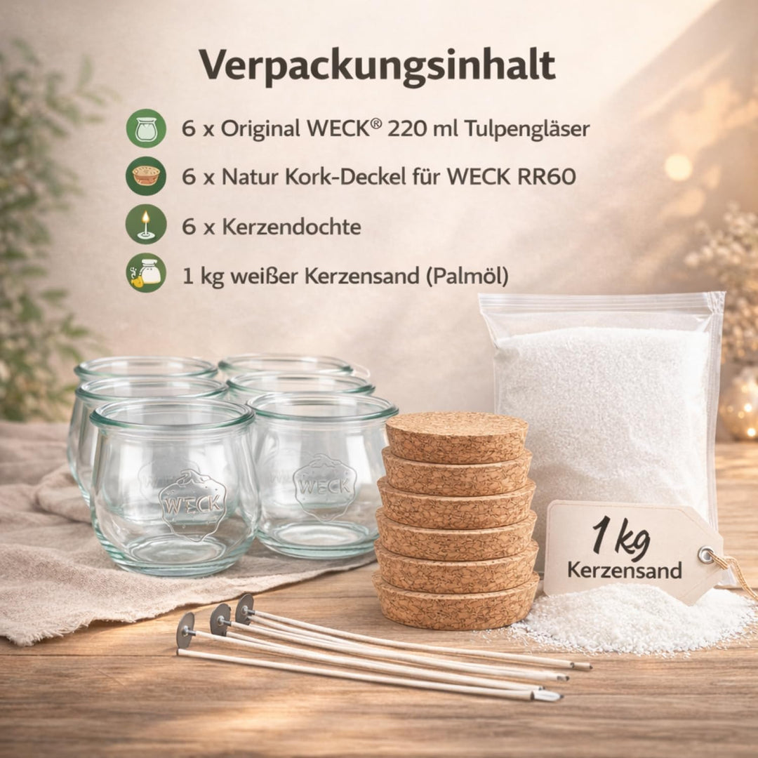 UNiTWIST® SparkMini DIY Kerzenset – Candle Making Kit im WECK® Glas | 6× 220 ml Tulpengläser, Korkde