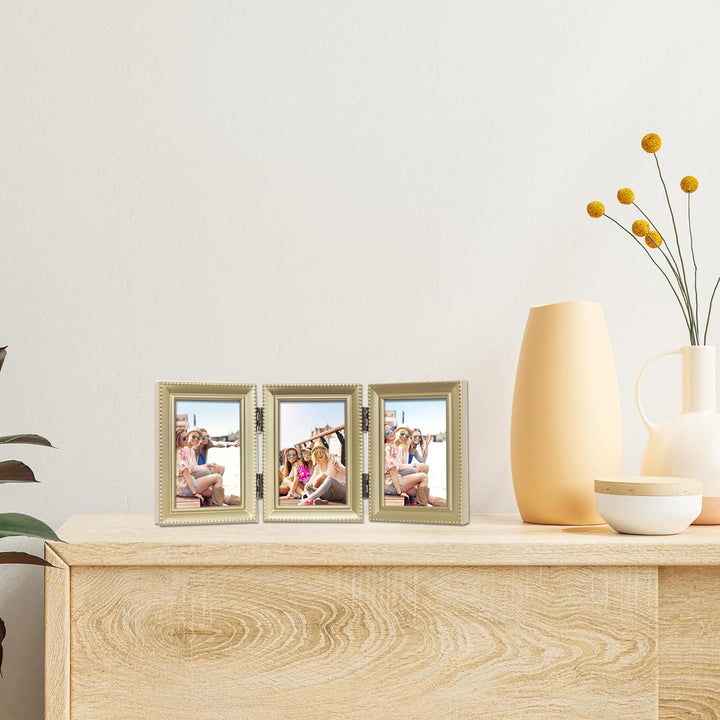Lawrence Frames Bilderrahmen mit Scharnier, Antik-Gold, Messing, 5 x 7,6 cm, Perlenkante Goldfarben