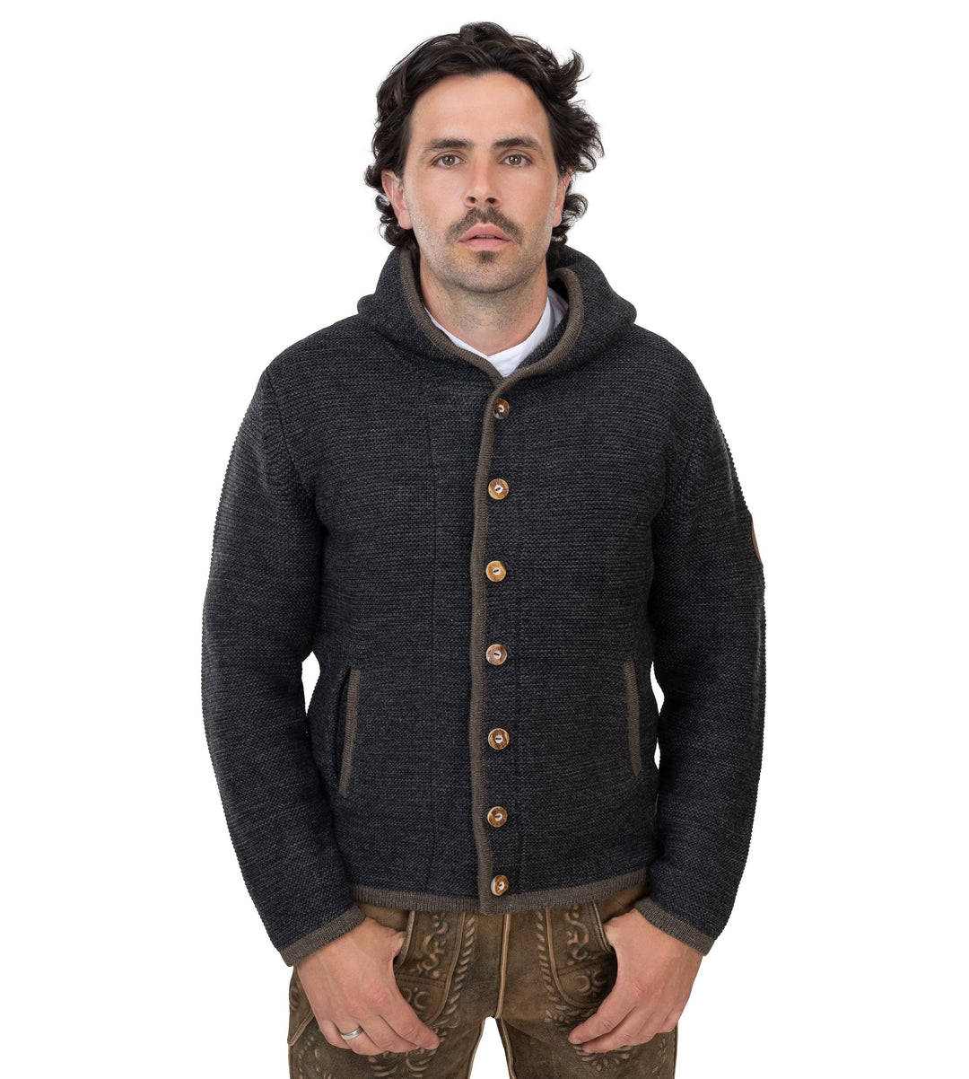 Herren Trachtenjacke mit Kapuze – Trachten-Strick-Jacke aus Wolle – Hoodie Strickjacke Grau/Anthrazi