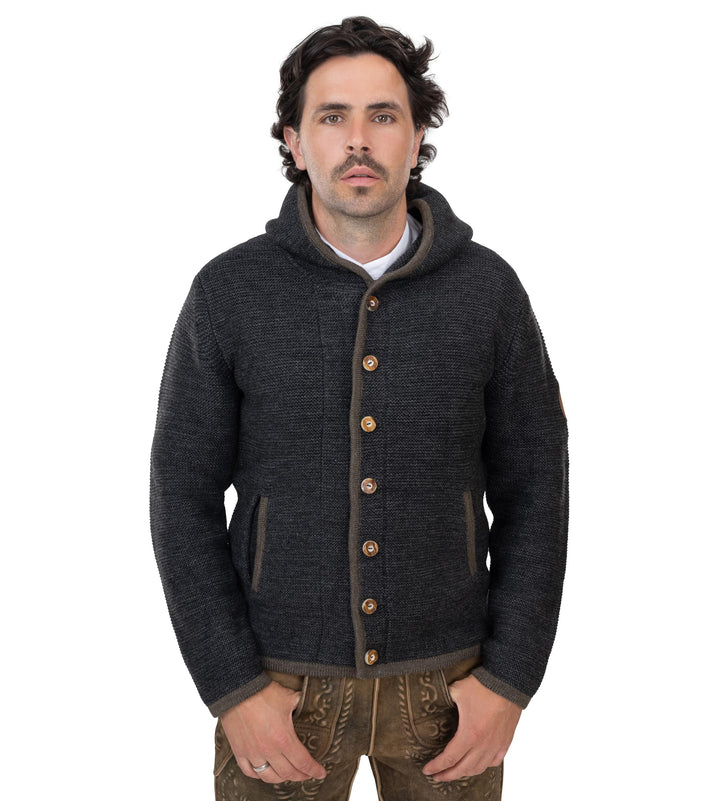 Herren Trachtenjacke mit Kapuze – Trachten-Strick-Jacke aus Wolle – Hoodie Strickjacke Grau/Anthrazi