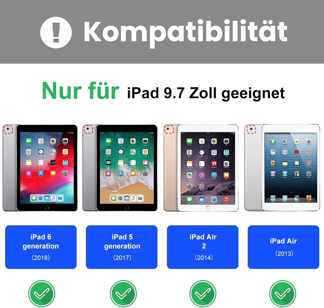 YUEJIDZ Tastatur Hülle für iPad 9.7 2018 (6. Generation)/5. Generation 2017, iPad Air 2 & 1, Magneti