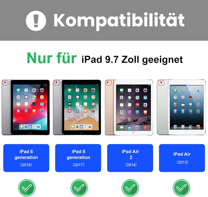 YUEJIDZ Tastatur Hülle für iPad 9.7 2018 (6. Generation)/5. Generation 2017, iPad Air 2 & 1, Magneti