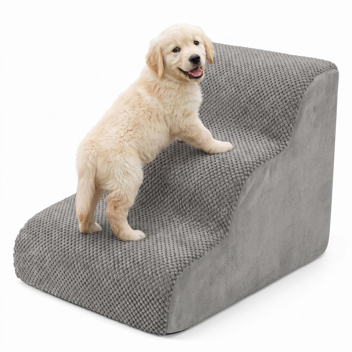 QWORK® Graue Hundetreppe, 3-Stufig, 60x40x40cm, Hochdichtem Schwamm, Abnehmbarem Waschbaren Hundetre