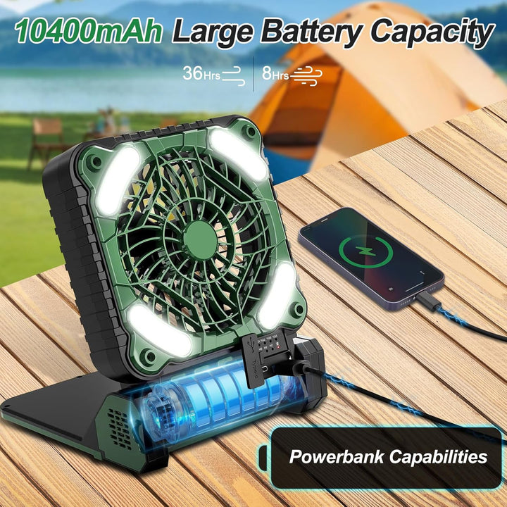 Camping Ventilator mit Akku 10400mAh, Solar Ventilator Outdoor mit LED-Licht, 4 Geschwindigkeiten Tr