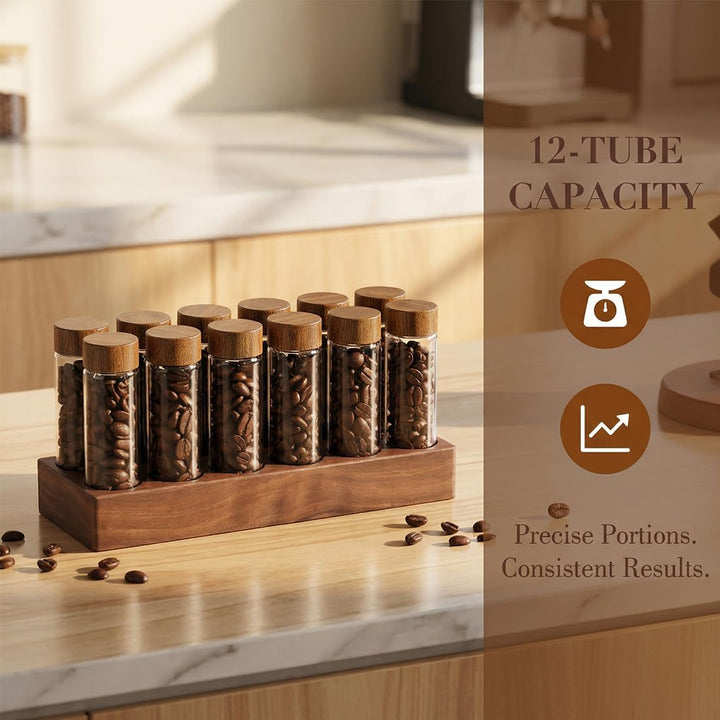 Kaffeebohnen Behälter Einzeldosis, 12 Röhren Kaffeebohnen-Aufbewahrung aus Holz für einzelne Portion