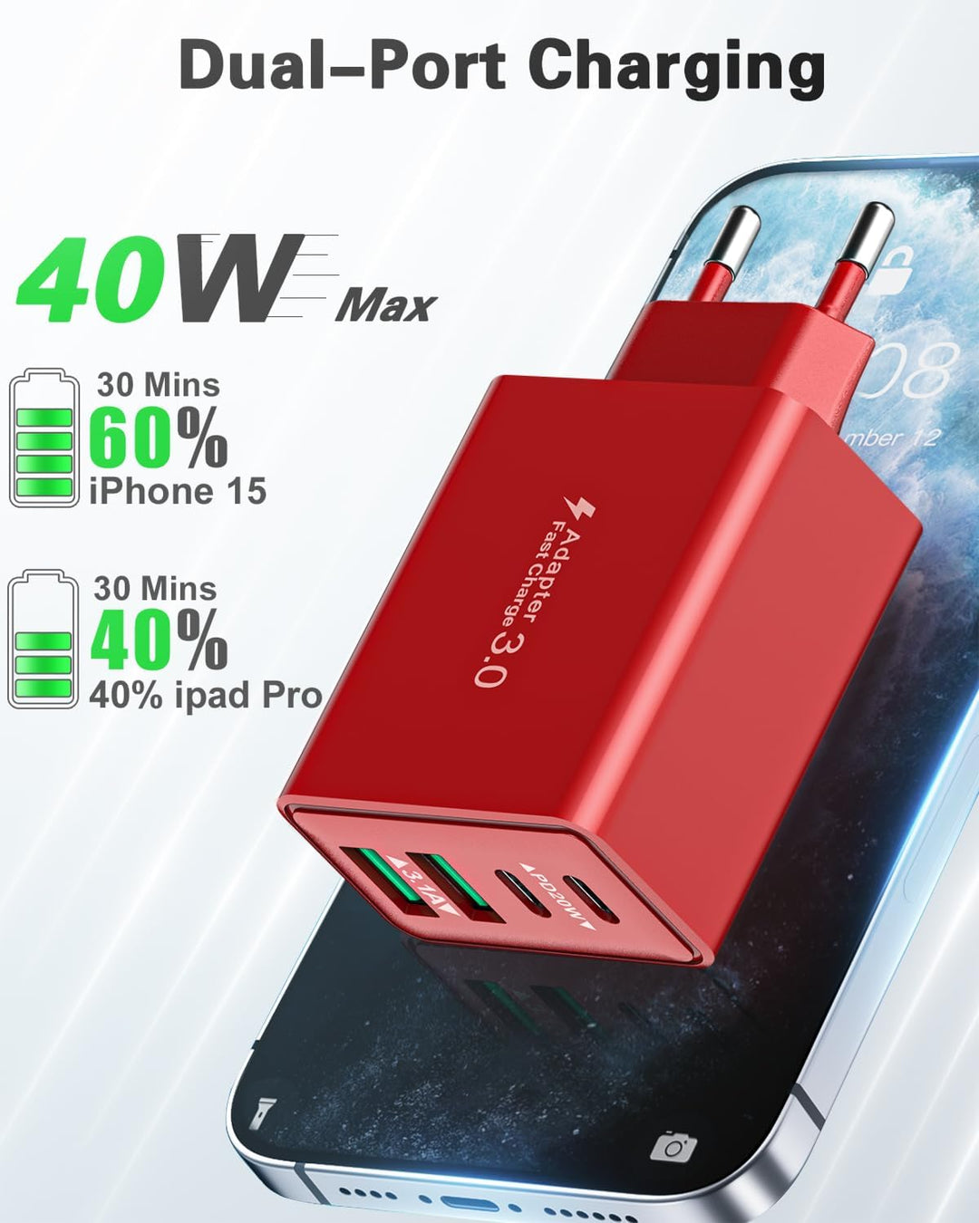 2-Pack USB C Ladegerät, 40W 4-Ports USBC Stecker Mehrfach Schnellladegerät USB Ladestecker mit PD Ad