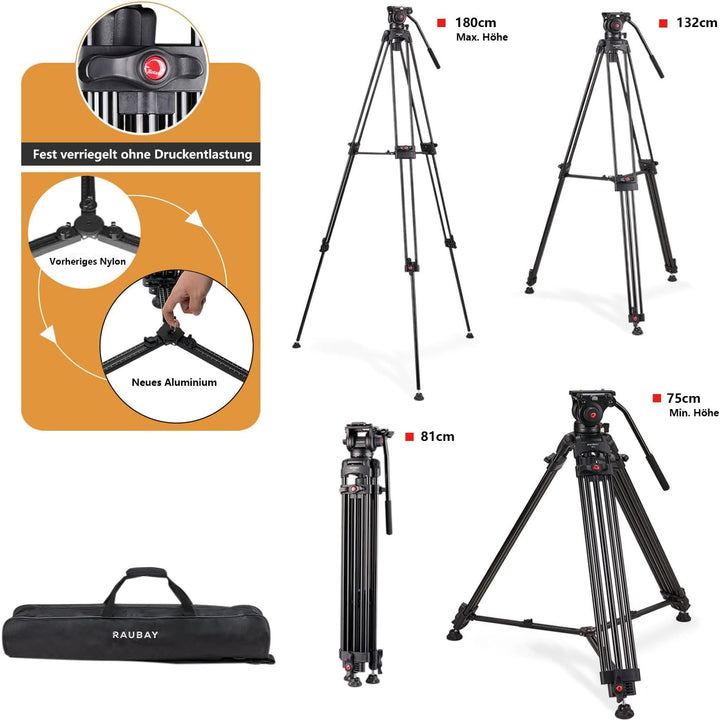 【Neigungsspannung-Design】 RAUBAY 179,8 cm Professionelle robuste Videokamera-Stativ mit Flüssigkeits
