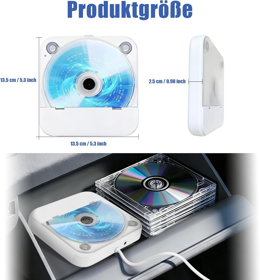 CD Player für Auto mit Silikon Anti-Schock CD Player Auto mit USB-Verlängerungskabel Auto CD Player