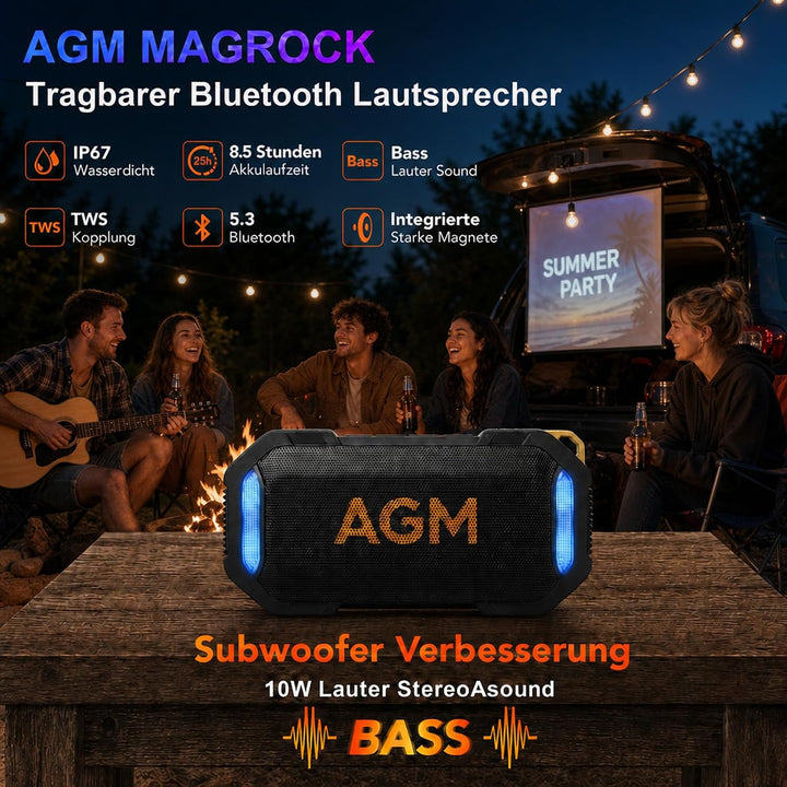 AGM MagROCK Magnetischer Bluetooth Lautsprecher Klein,Lautsprecher,RGB-LEDs,1800mAh,IPX7 wasserdicht