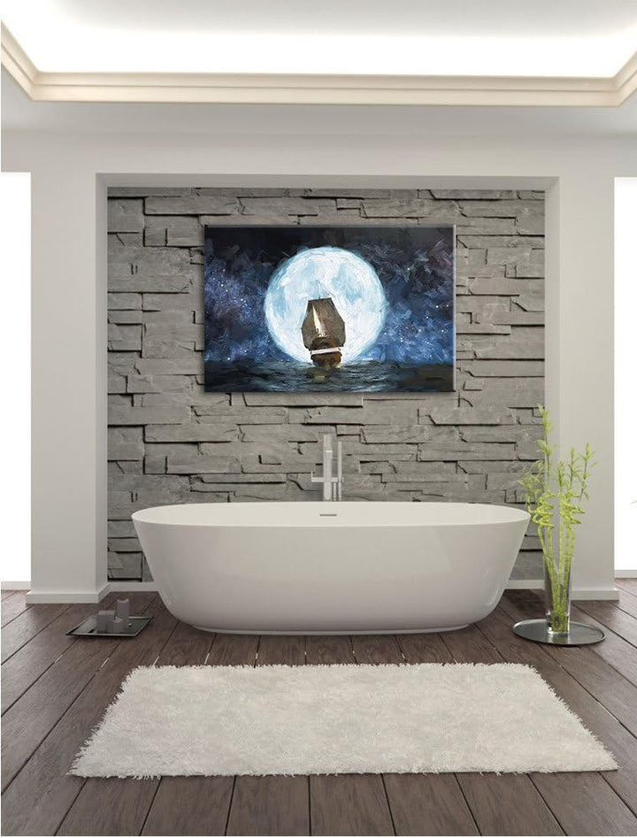 Pixxprint Segelschiff bei Vollmond Kunst Pinsel Effekt, Format: 100x70 auf Leinwand, XXL riesige Bil