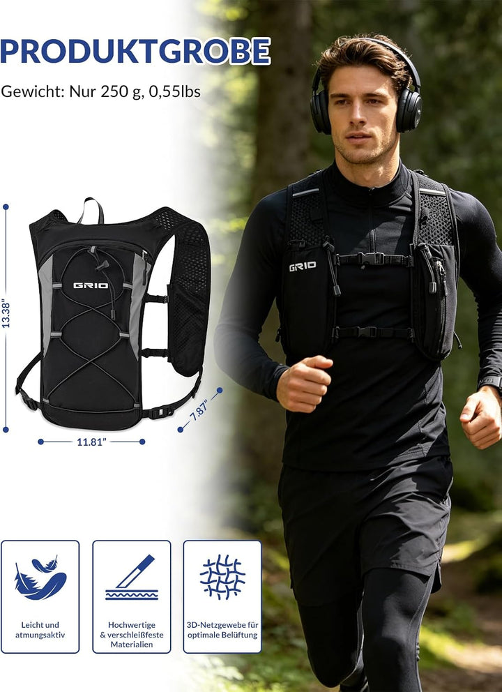 GRIO Laufweste mit 1.5L Trinksystem, Leichte Hydration Weste für Damen &amp; Herren, Atmungsaktiv &amp; Refl