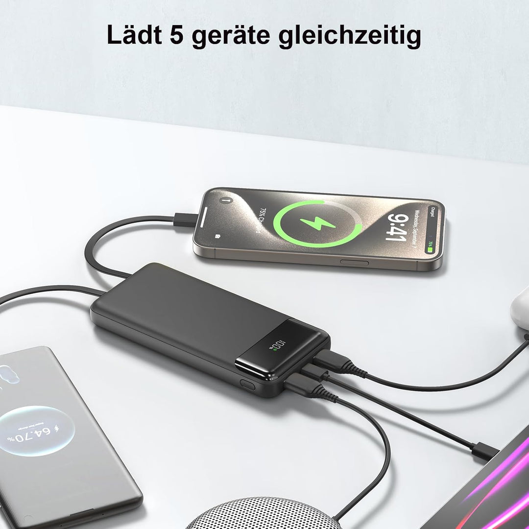 Powerbank 20000 mAh mit Integrierten 3 Kabeln, 22,5 W Schnellladung Power Bank Tragbares Ladegerät P