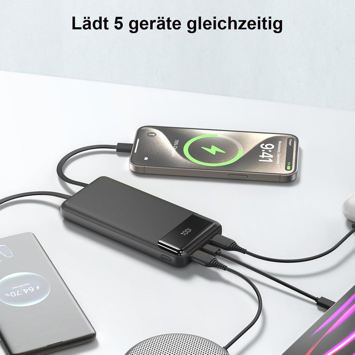 Powerbank 20000 mAh mit Integrierten 3 Kabeln, 22,5 W Schnellladung Power Bank Tragbares Ladegerät P