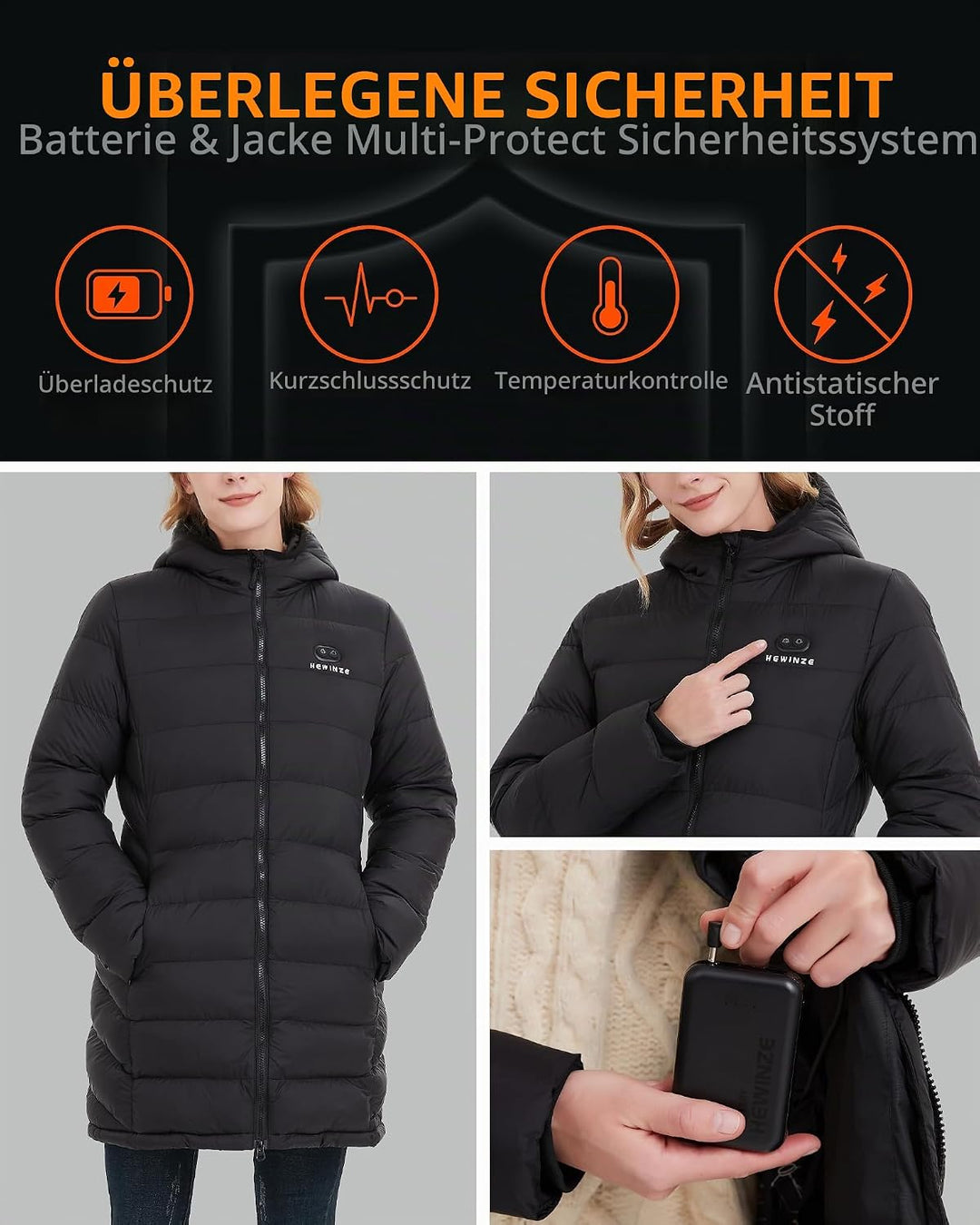 HEWINZE Beheizter Puffermantel mit Kapuze für Damen,elektrische Dual-Control-Heizjacke mit 7,4-V-Akk