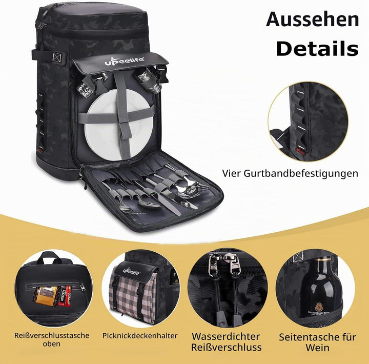 Upeelife Kühlrucksack 30L mit Picknickdeck Befestigungsband, Wasserdichter Picknickrucksack Kühltasc