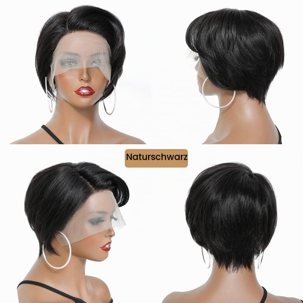 Pixie Cut Lace Front Schwarz Echthaar-Perücken mit Pony 13X4 Lace Front Perücken Short Bob Straight