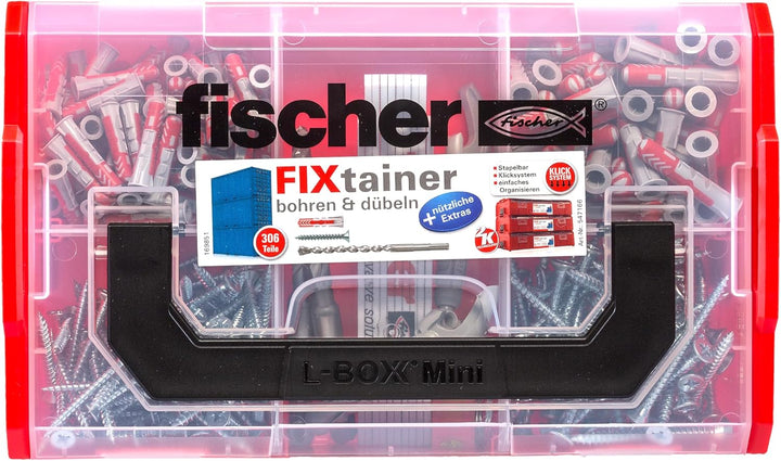 fischer 547166 FIXtainer DUOPOWER bohren & dübeln, Dübelbox mit 306 Teilen, inkl. Dübel, Schrauben,