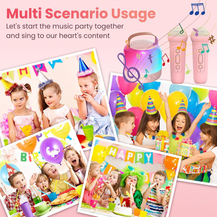 Karaoke Maschine mit 2 Drahtlosen Mikrofonen für Kinder, Tragbarer Bluetooth-Lautsprecher mit LED un