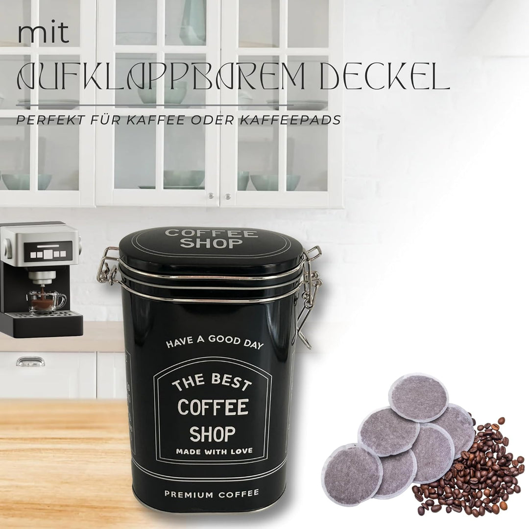 MediMuc Vorratsdose Kaffeedose Teedose oval lackiert schwarz mit weisser Schrift mit Bügelverschluss