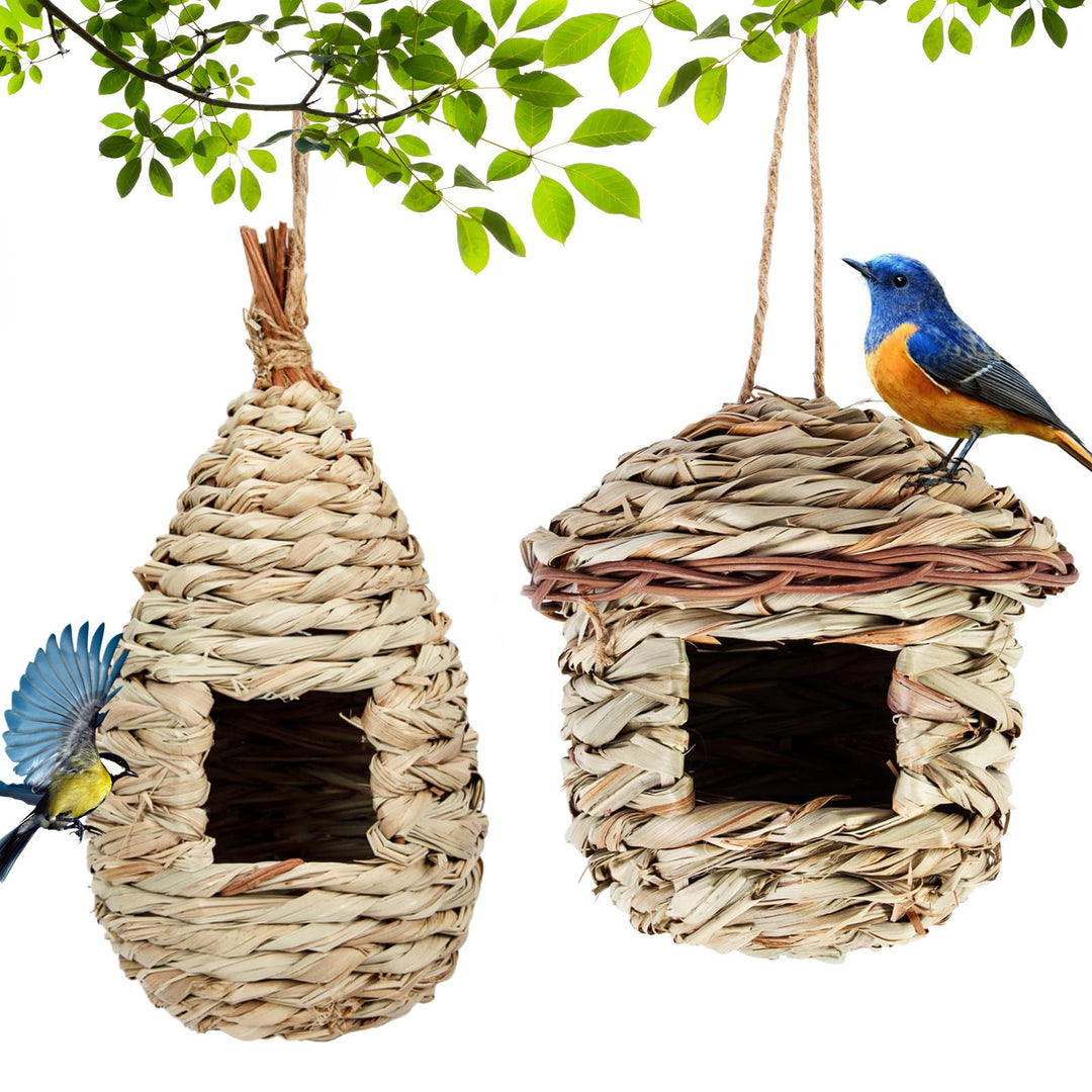 Gras Bird Nest, 2 Stück Handgewebtes Vogelnest aus Gras – Hängende Vogelhäuschen für Aussen & Käfig