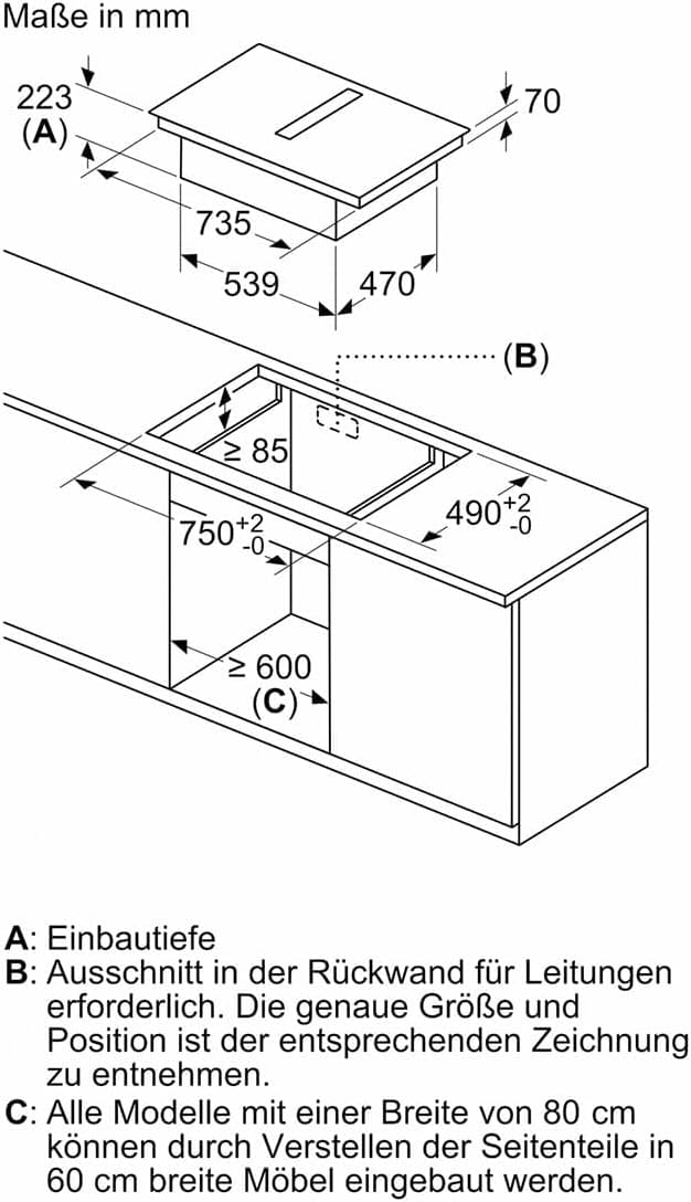 Bosch PVS811B16E Serie 4, Einbau-Induktionskochfeld mit integriertem Belüftungssystem 80 cm Aufputzm