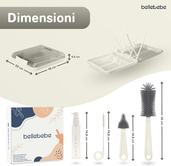 BELLEBEBE Set Trockenständer Babyflaschen mit Flaschenbürste Baby - 6 in 1 Flaschenständer - Transpo
