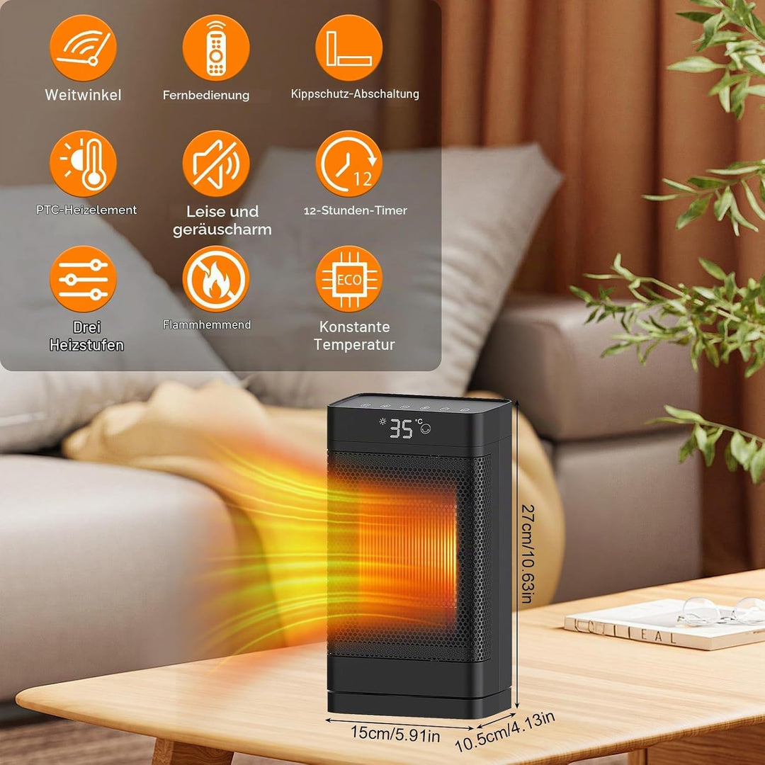 Heizlüfter 1500W，PTC Keramik Heizlüfter Energiesparend Leise mit ECO Modus,4 Heizmodi mit 70 ° Oszil