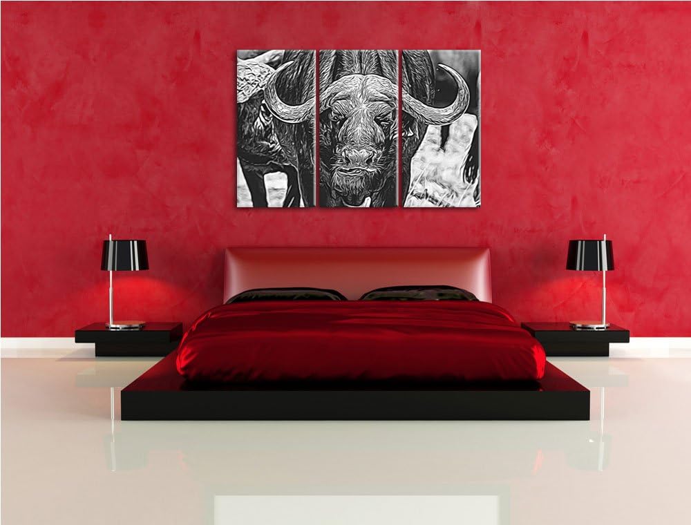 Wasserbüffel Schwarz/weiss Spezial 3-Teiler Leinwandbild 120x80 Bild auf Leinwand, XXL riesige Bilde