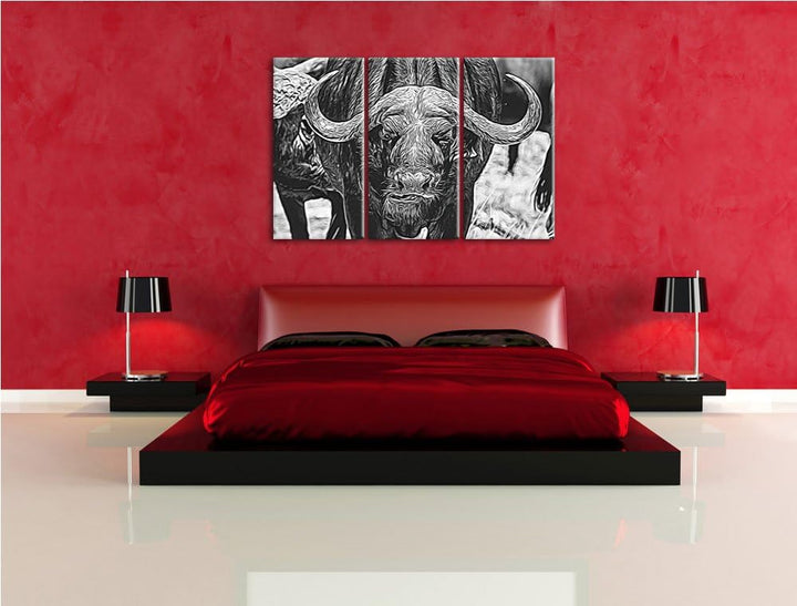 Wasserbüffel Schwarz/weiss Spezial 3-Teiler Leinwandbild 120x80 Bild auf Leinwand, XXL riesige Bilde