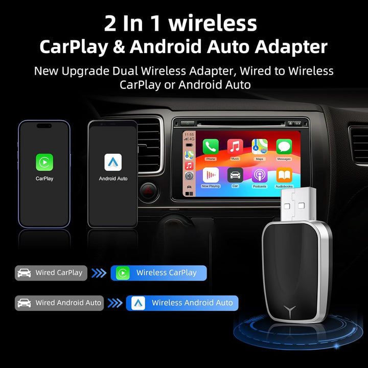 Wireless CarPlay Android Auto 2in1 Adapter, Plug and Play, für Autos mit kabelgebundenem CarPaly und