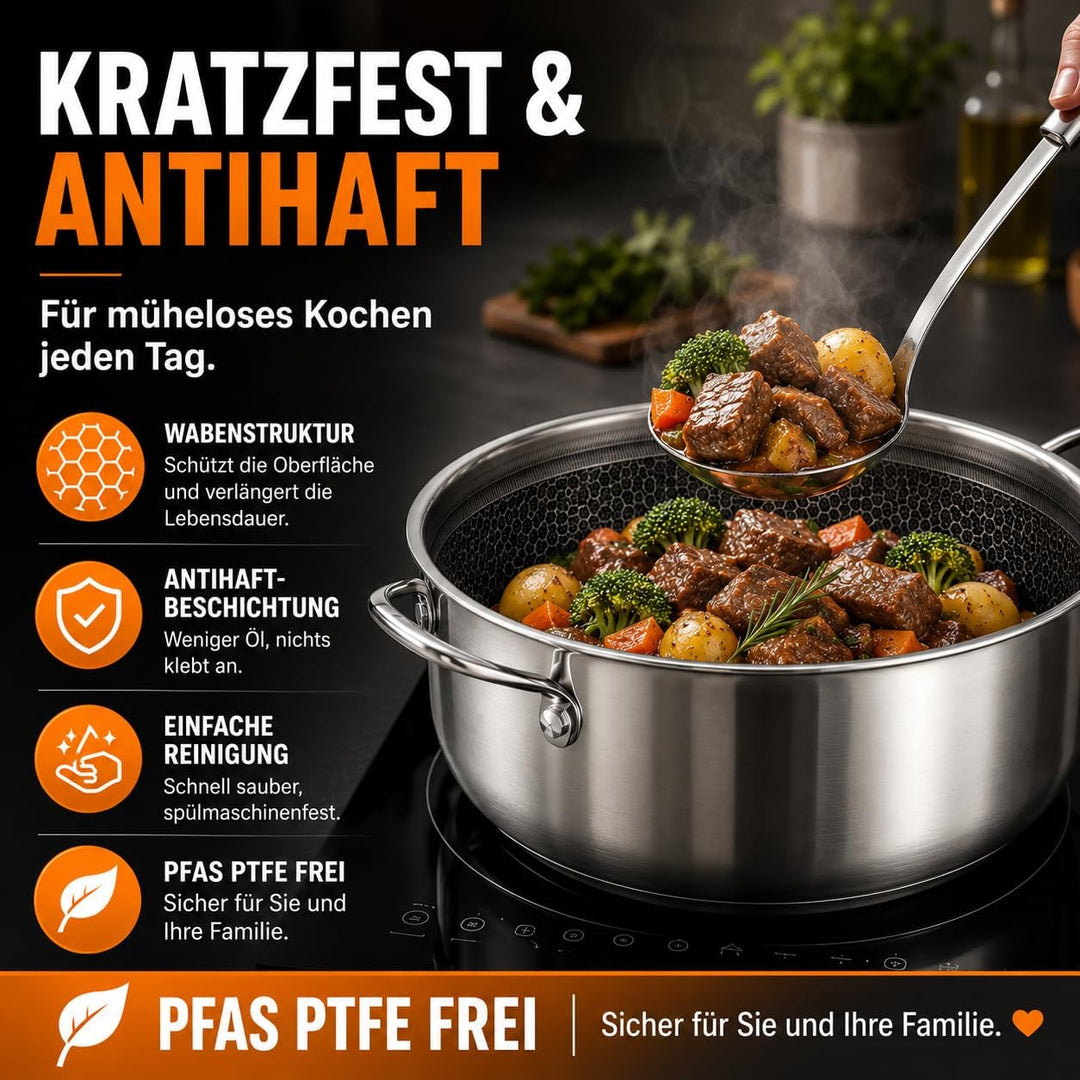 Royal Swiss 28 cm Edelstahl Kochtopf mit Glasdeckel – Honeycomb Antihaft-Kochtopf, PFOA-frei, langle